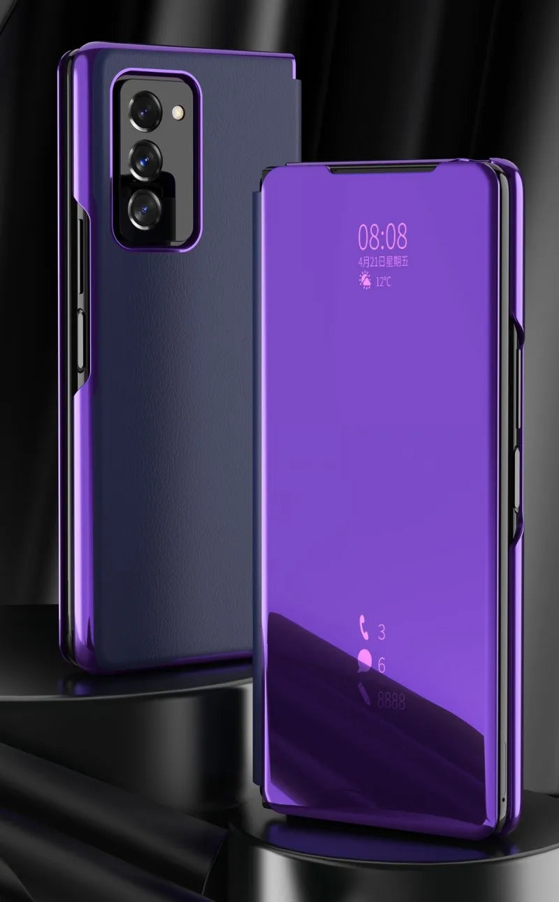 Smart Flip Case for Samsung Galaxy Z Fold – PU Leather Mirror Plating Kickstand Cover, Shockproof Funda for Fold 2/3/4/5/6 & W21/W22 5G