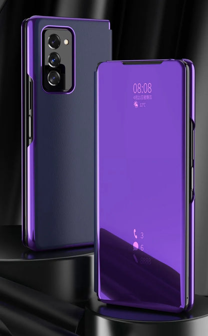 Smart Flip Case for Samsung Galaxy Z Fold – PU Leather Mirror Plating Kickstand Cover, Shockproof Funda for Fold 2/3/4/5/6 & W21/W22 5G