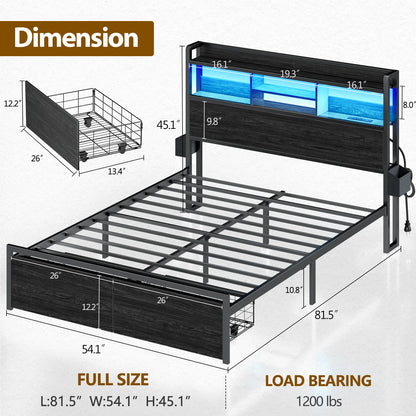 Full/Queen Bed Frame with Storage Headboard – Metal Platform Bed with Drawers, LED Lights & Built-In Charging Station