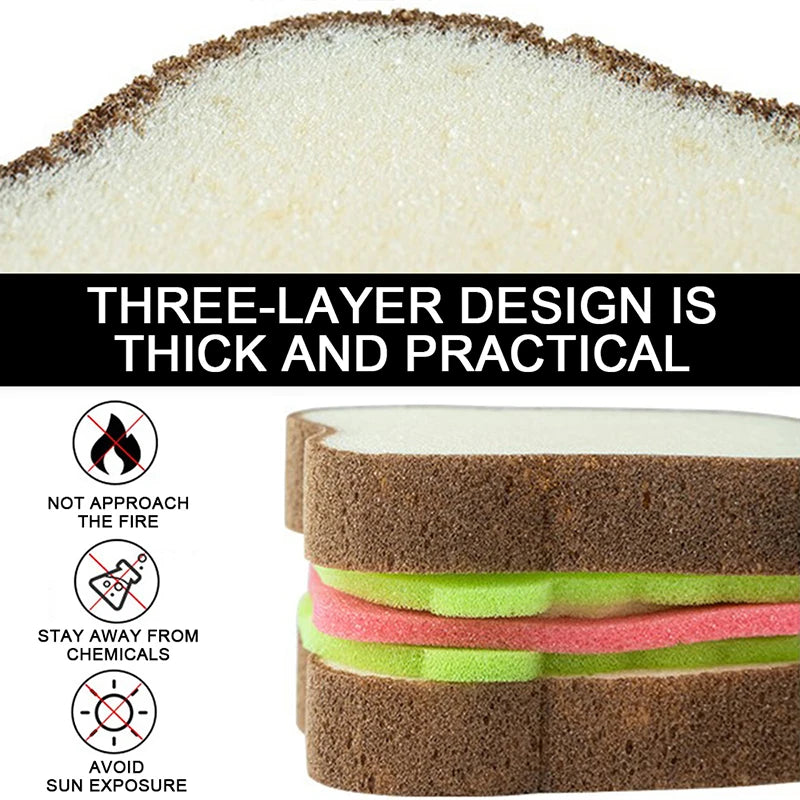 Cute Toast-Shaped Dishwashing Sponges - Washable Scrubber Tools for Pots, Sandwich Type Dishcloth Kitchen Cleaning Towel