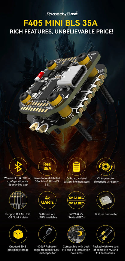 SpeedyBee F405 Mini Flight Controller + BLS 35A Mini V2 4-in-1 ESC — 20x20 for FPV Racing Drone