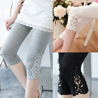 Women’s Lace Cropped Leggings - Stretchy 3/4 Length Fitness and Summer Sports Pants