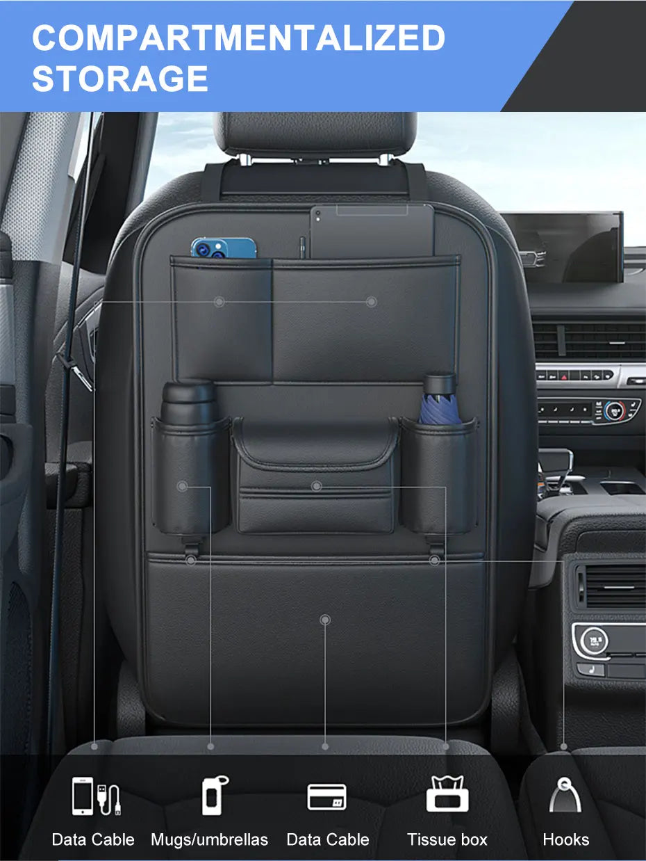 All-in-One Car Seat Back Storage Bag – Upgraded 6 Pocket Organizer with Hook, Tissue Holder, Anti-Kick Pad & Cup Holder