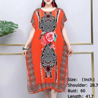 Women’s Bohemian Floral Tunic Dress - Retro Ethnic Print Batwing Sleeve Loose Summer Maternity Streetwear