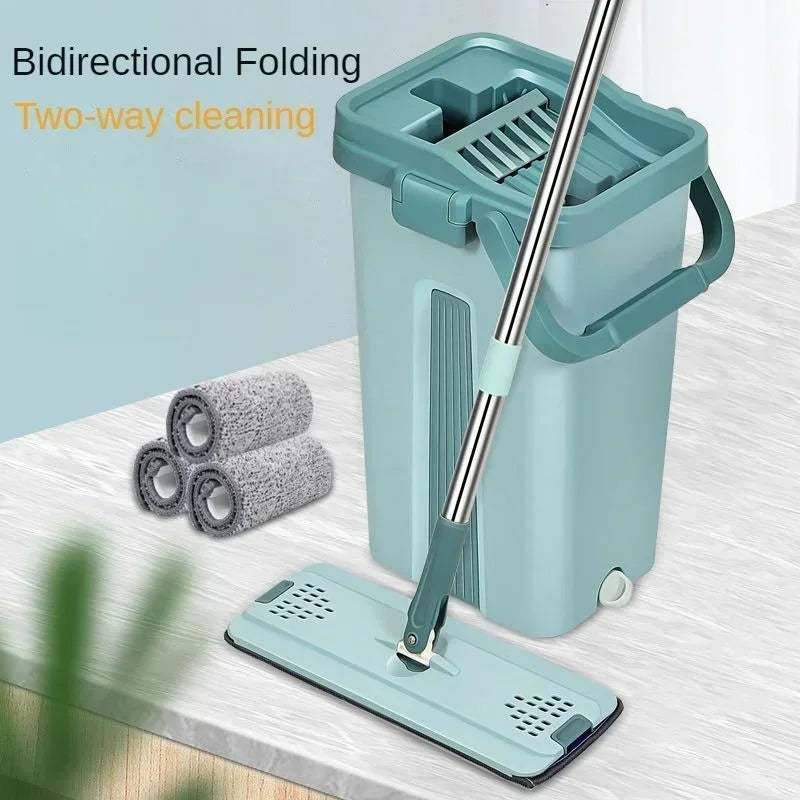 Scratch-Free Flat Mop — Hand Washable Household Wooden Floor Mop with Rotating Bucket, Lazy Mop Design