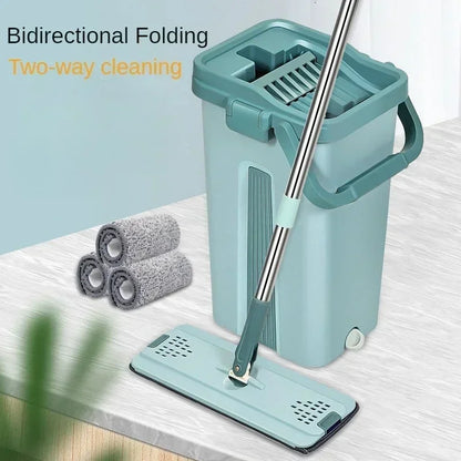 Scratch-Free Flat Mop — Hand Washable Household Wooden Floor Mop with Rotating Bucket, Lazy Mop Design