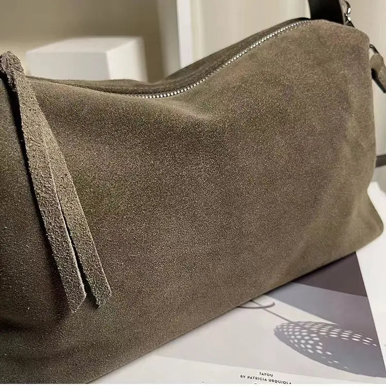 Simple Autumn Winter Grey & Brown Boston Tote — Soft Matte Suede Cow Leather Women's Shoulder Handbag