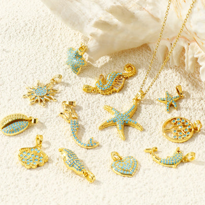 Blue Cubic Zirconia Ocean Charm Pendant Set – 18K Gold Plated Starfish, Mermaid & Conch DIY Necklace Jewelry