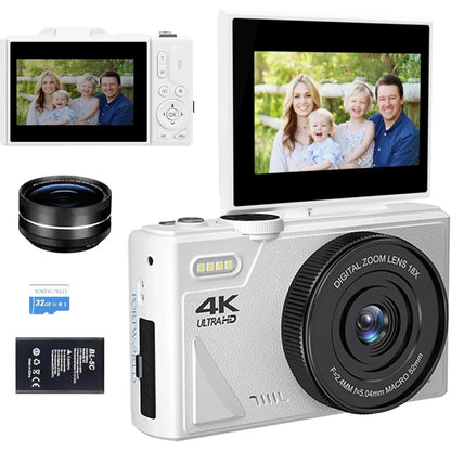 4K Camera for Photography – 18X Digital Zoom, 64MP Vlogging Camcorder, 3'' Flip Screen, WIFI Selfie Webcam for YouTube