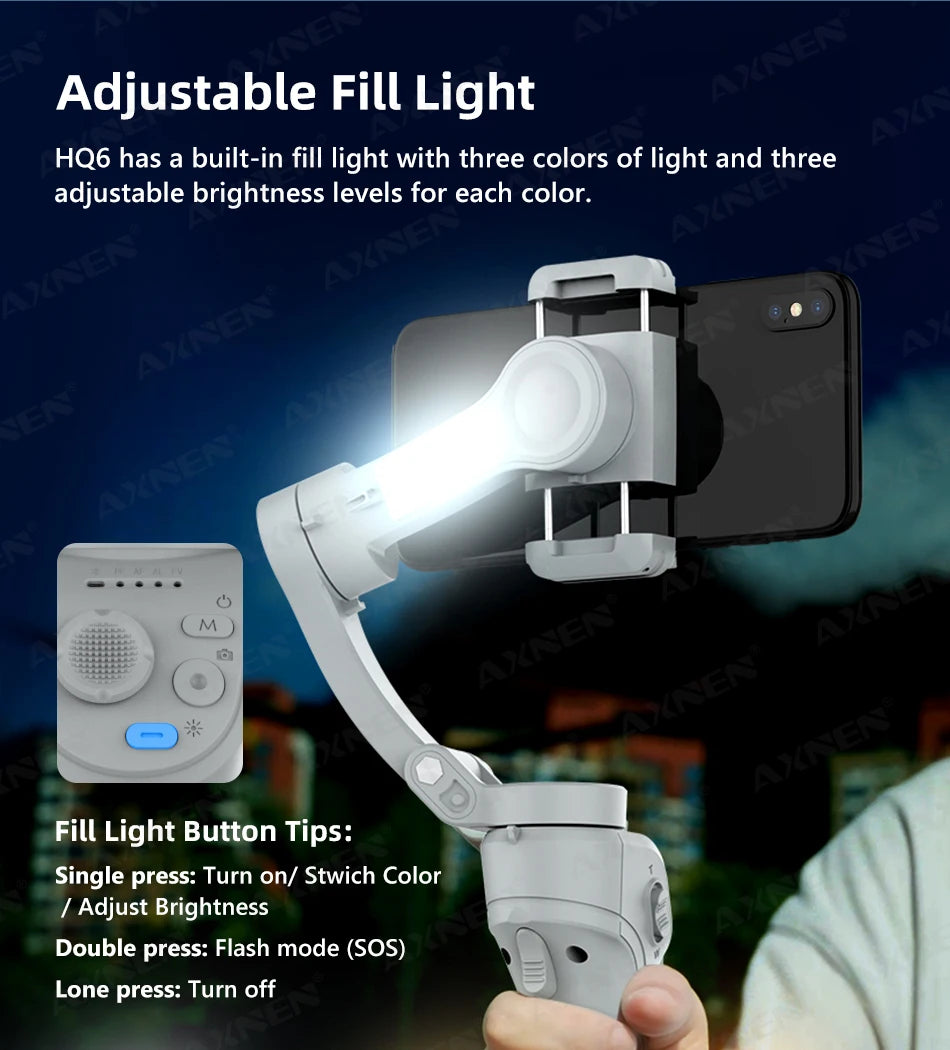 3 Axis Handheld Gimbal Stabilizer with Fill Light – Smartphone Stabilizer for iPhone & Android, Face Tracking, TikTok, Vlog – HQ6