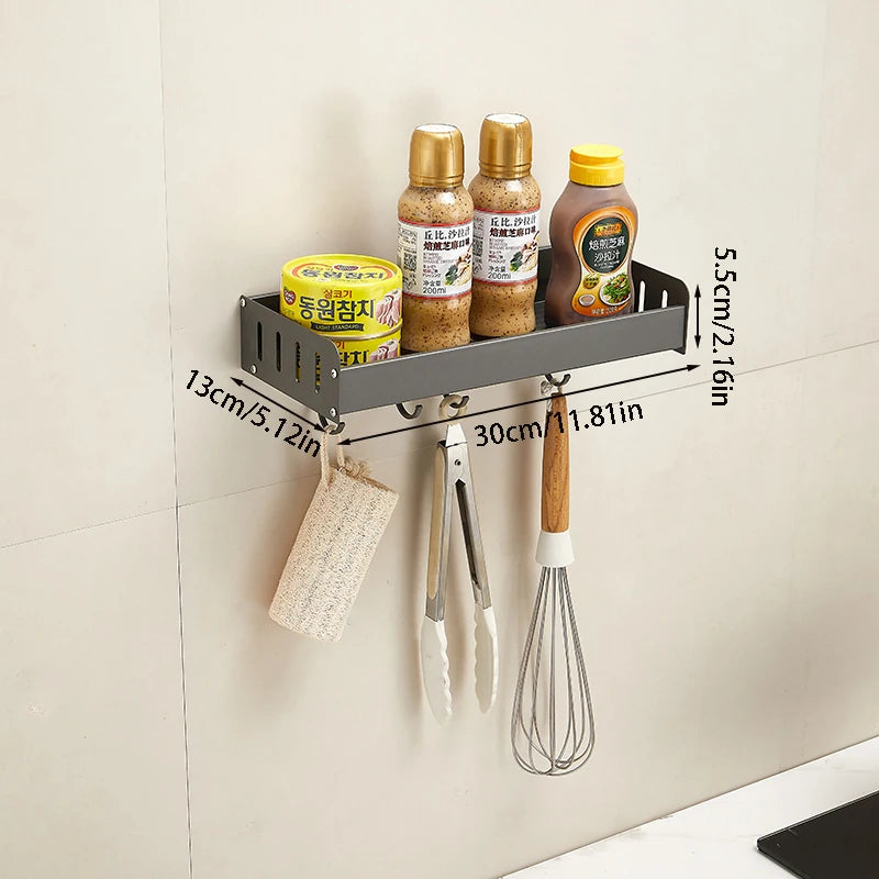Wall-Mounted Kitchen Spice Rack Organizer with Hanging Hooks – Kitchen Storage Shelf for Condiments