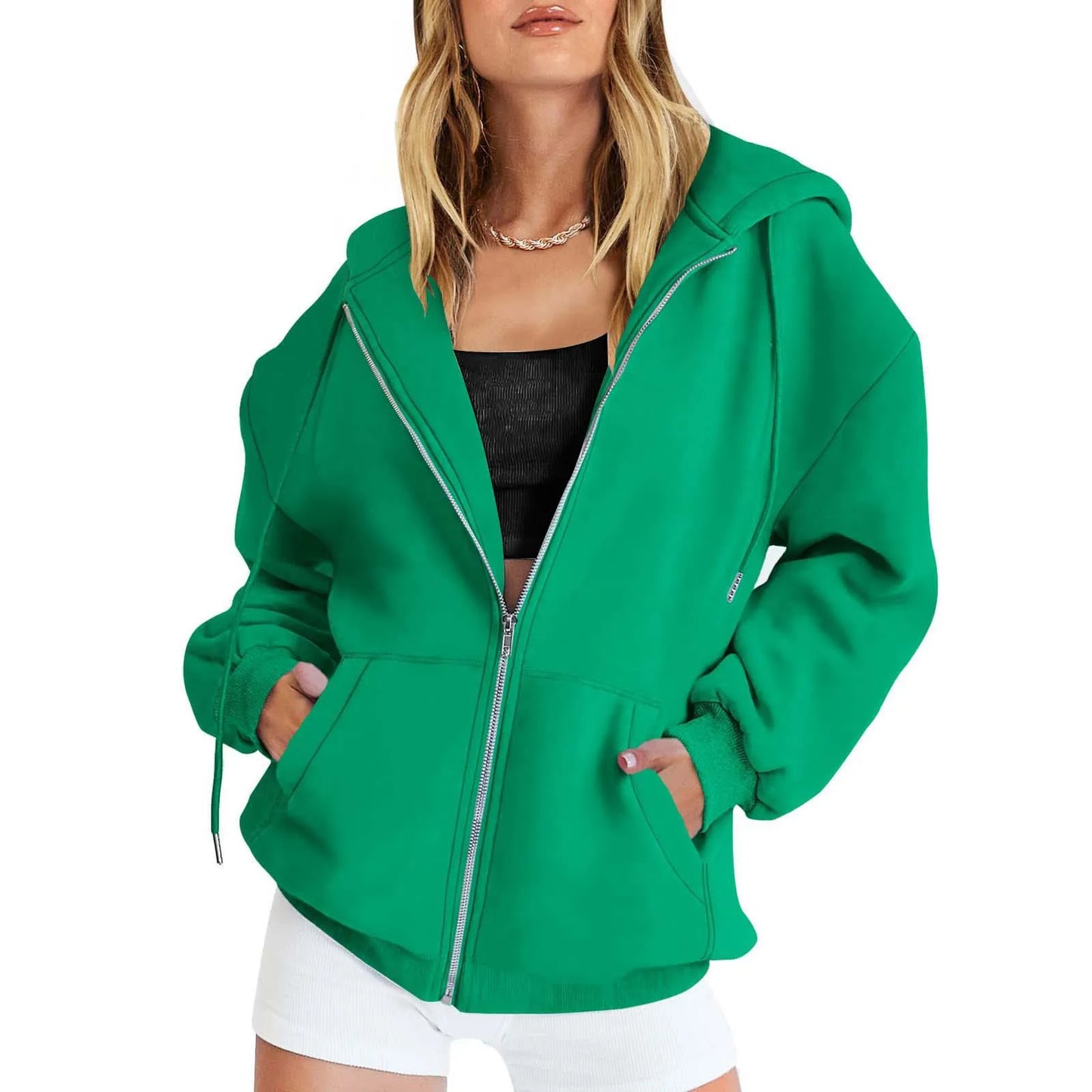 Women’s Gray Zip-Up Hoodie Sweatshirt – Autumn Winter Long Sleeve Jacket with Pockets