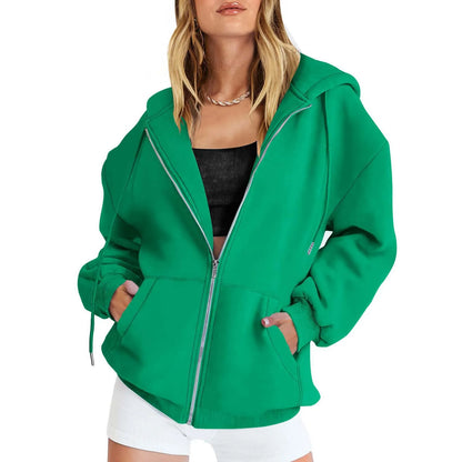 Women’s Gray Zip-Up Hoodie Sweatshirt – Autumn Winter Long Sleeve Jacket with Pockets