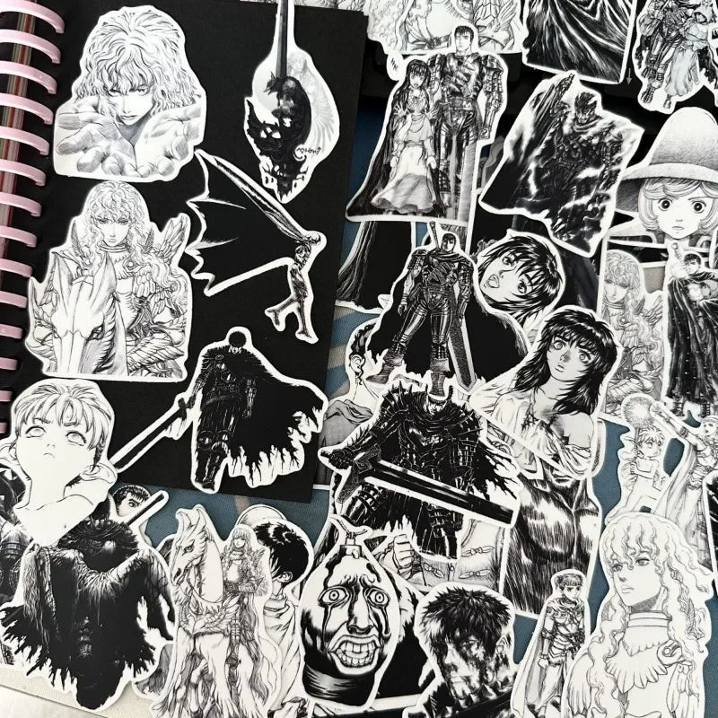 53pcs Berserk Guts Anime Stickers – Black & White Waterproof Laptop, Diary & Luggage Decals
