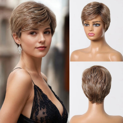 Short Pixie Cut Grey Human Hair Wig – 8 Inch Layered Fashion Wig for Women, Daily Use, Machine Made