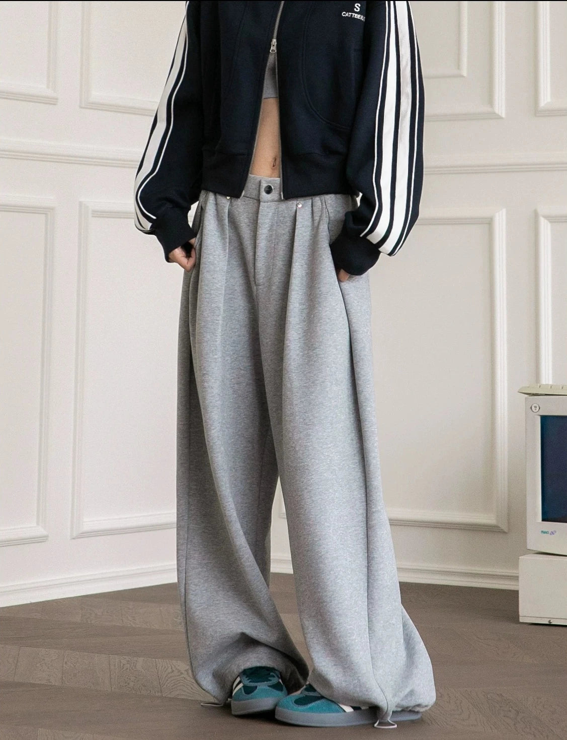HOUZHOU Vintage Baggy Sweatpants for Women – Y2K Korean Wide-Leg Pants, Zipper Fly, Casual Streetwear, Autumn 2024 Loose Fit