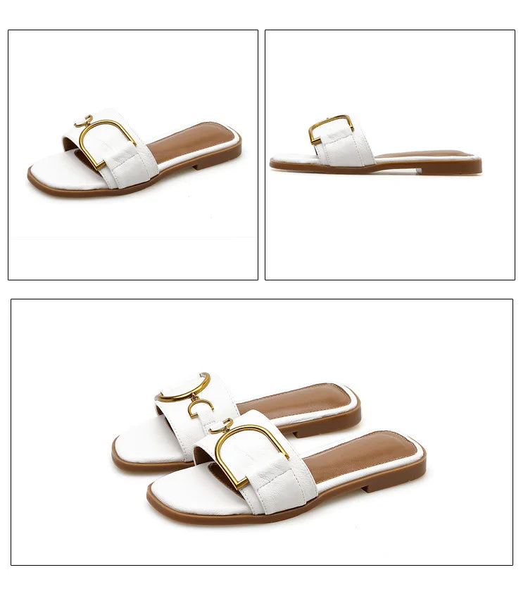 Women’s Flat Slippers — Summer Leather Square Toe Flats, Designer Slides & Luxury Sandals