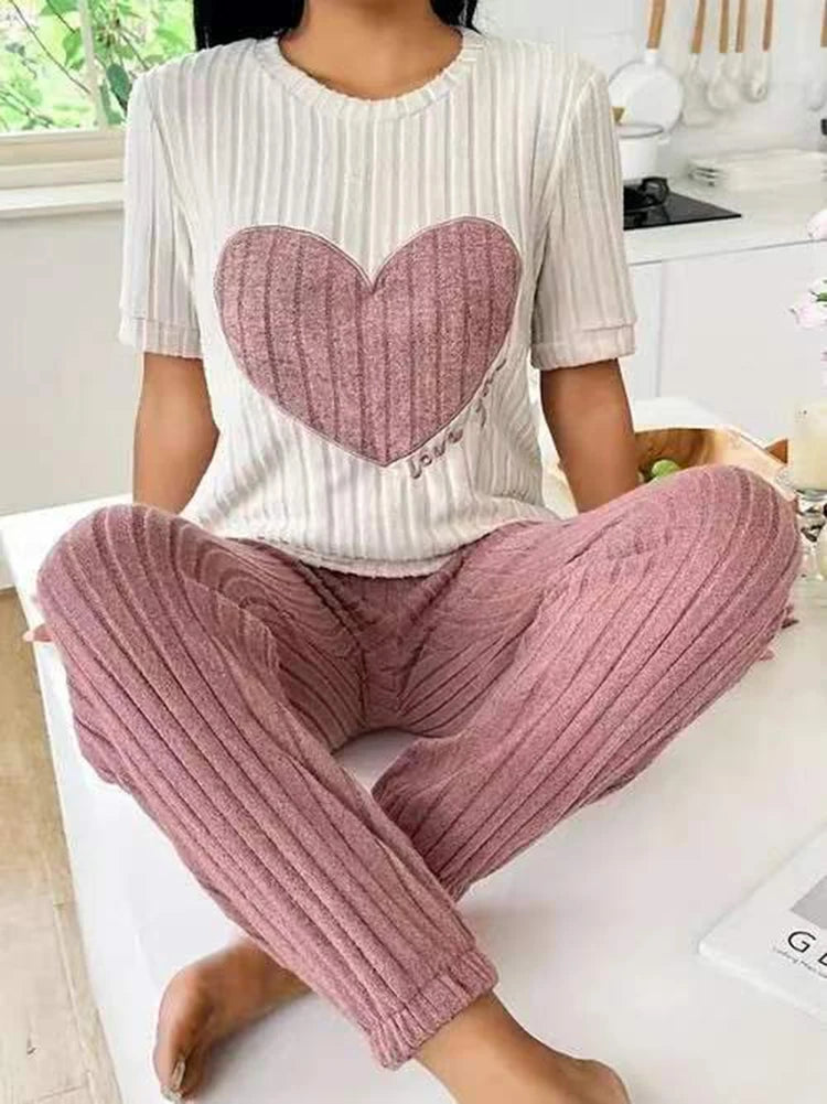 Women’s Heart Print Pajama Set – Short Sleeve Top & Pants Two-Piece Loungewear