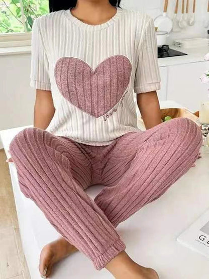 Women’s Heart Print Pajama Set – Short Sleeve Top & Pants Two-Piece Loungewear