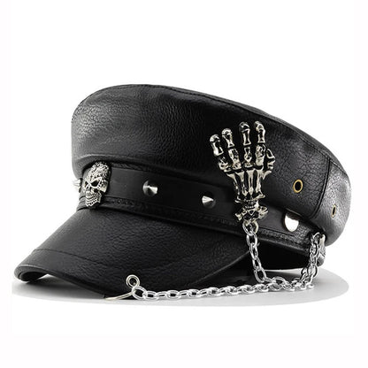 Women’s Punk PU Leather Beret Hat – Vintage Flat Top Military Style Cap for Outdoor Casual Wear & Street Fashion Accessories