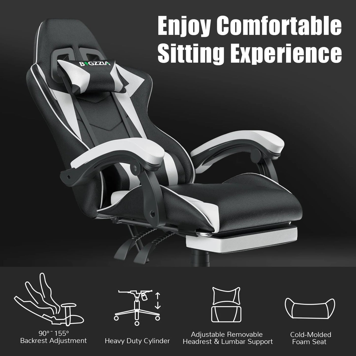 Gaming Chair with Footrest – Ergonomic Gamer Chair with Lumbar Cushion, Headrest, and Height Adjustable for Computer