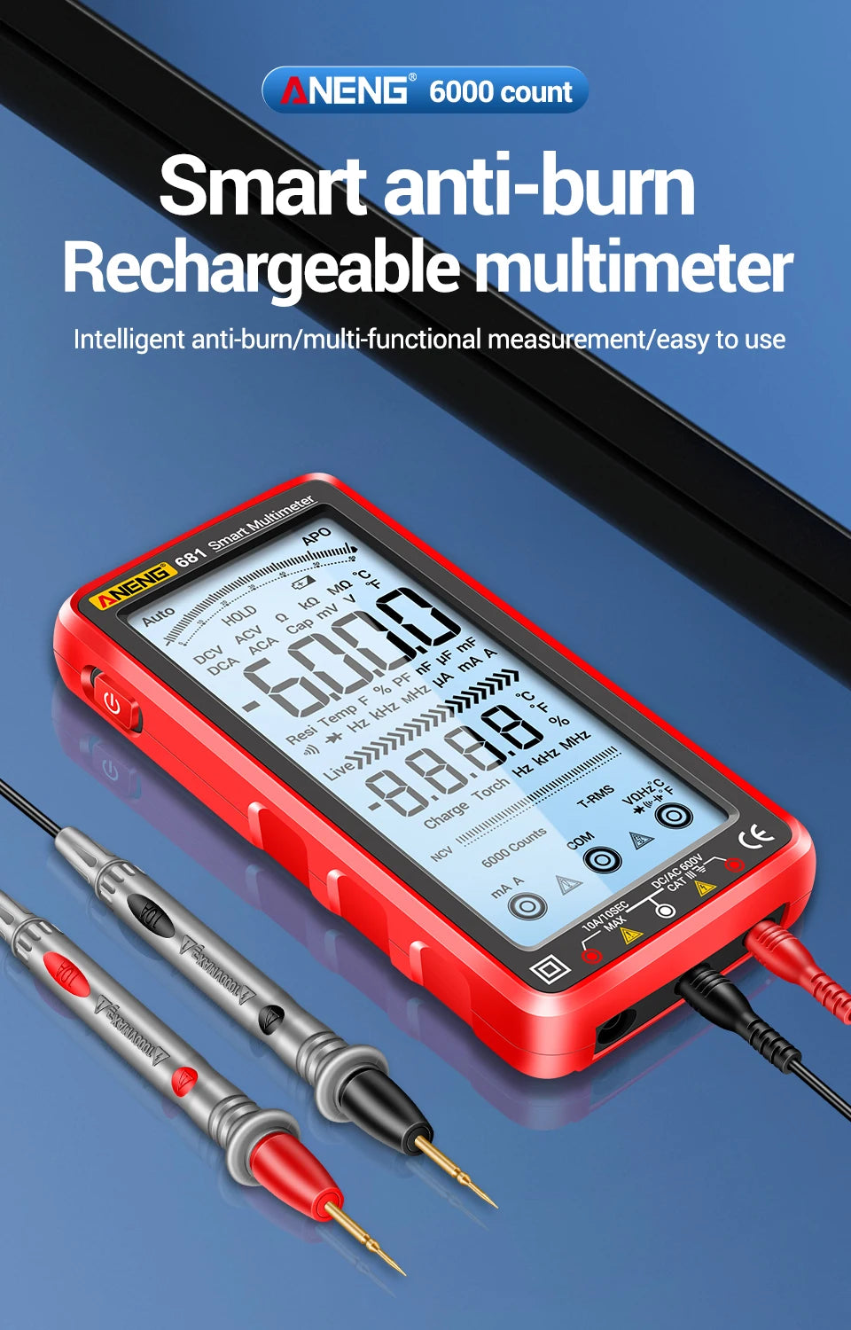 ANENG 681 Rechargeable Digital Multimeter — Professional Non-Contact AC/DC Voltage & Current Tester with LCD Screen