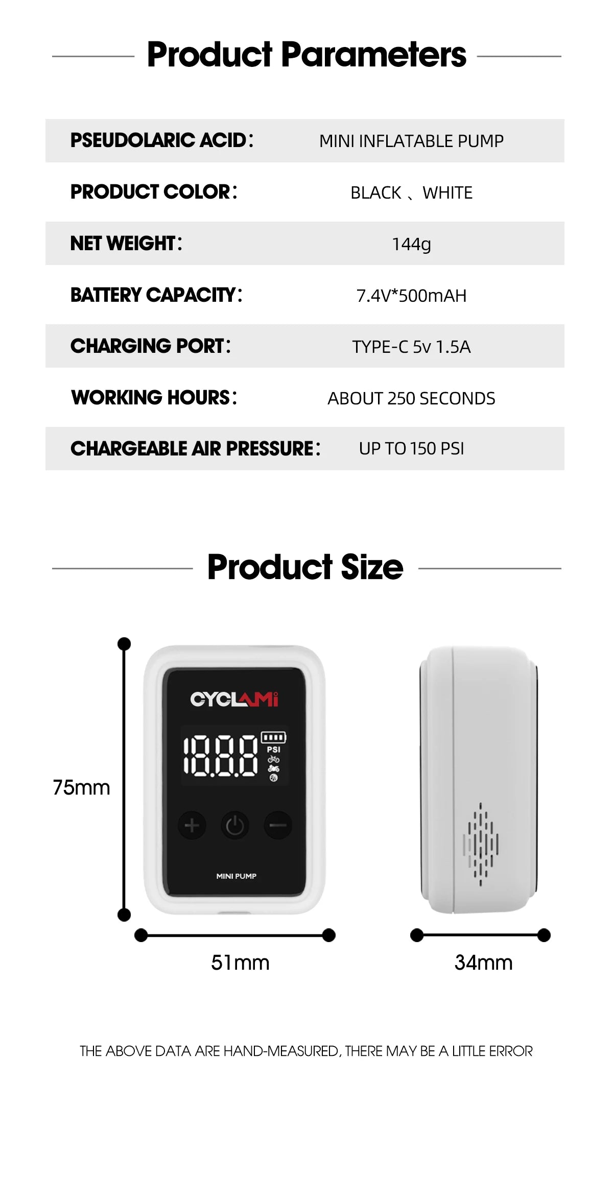 CYCLAMI HW125 150PSI Portable Electric Bike Air Pump – Rechargeable Mini Tire Inflator for Schrader & Presta Valves