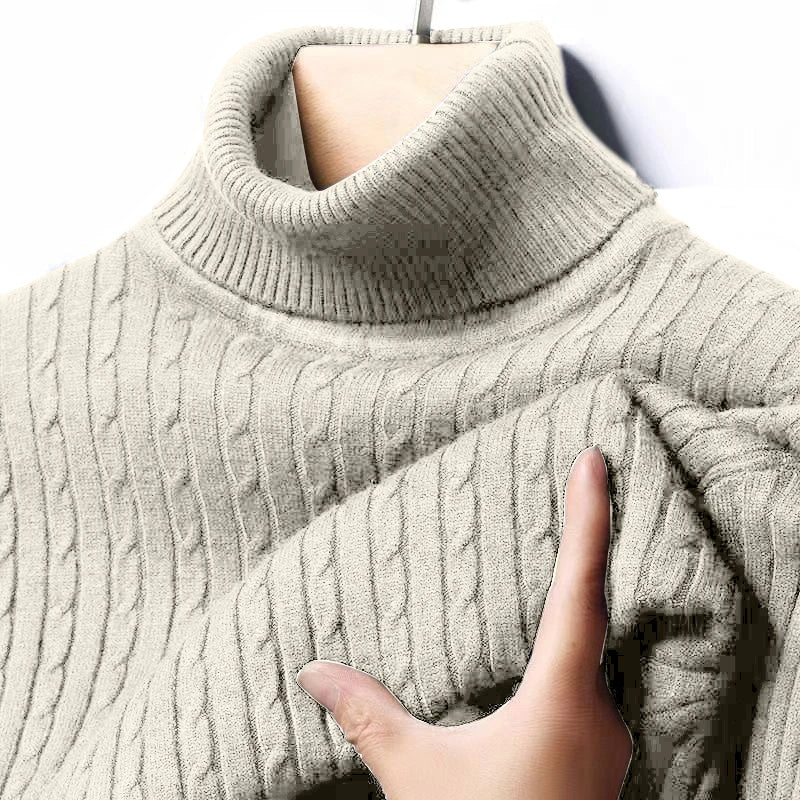 Men's Autumn Ribbed Turtleneck Sweater - Warm Fitted Jacquard Striped Knitted Long Sleeve Pullover Top
