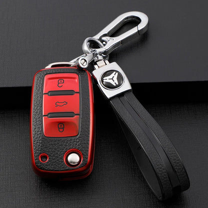 TPU Leather Car Key Case - Compatible with Volkswagen VW Bora, Polo, Tiguan, Jetta, Passat B5 B6 B7, Golf 5 6, Beetle, Skoda Octavia