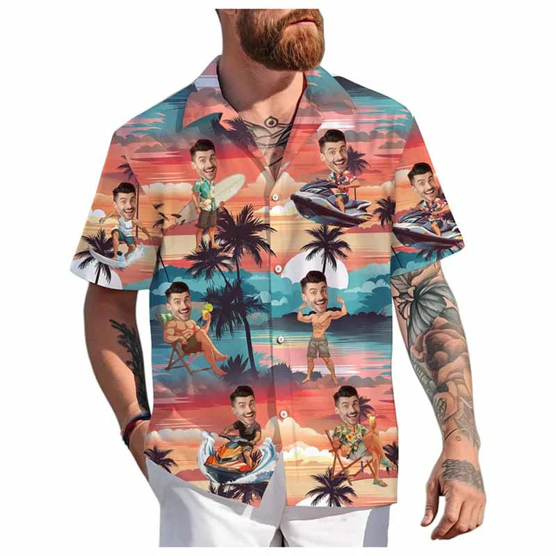 Custom Face Hawaiian Shirt - Personalized 3D Printed Unisex Beach Button-Up Short Sleeve Top