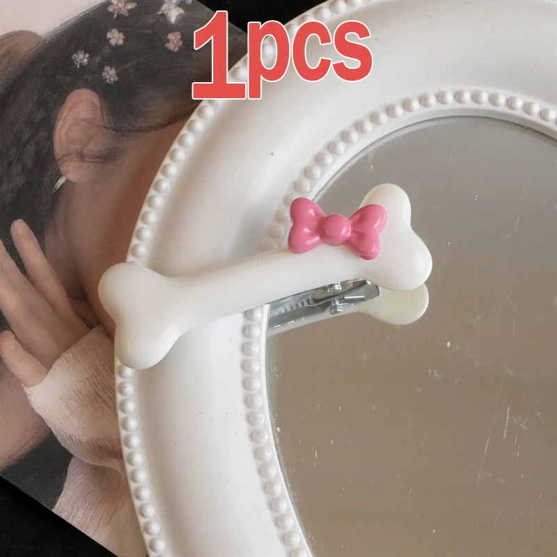 Kawaii Bow Dog Bone Hair Clips – Cute Black & White Bone Hairpins for Girls, Duckbill Barrettes Accessories