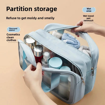 Waterproof Large Capacity Travel Cosmetic Bag – Portable Shower Makeup Organizer with Separate Wet & Dry Compartments