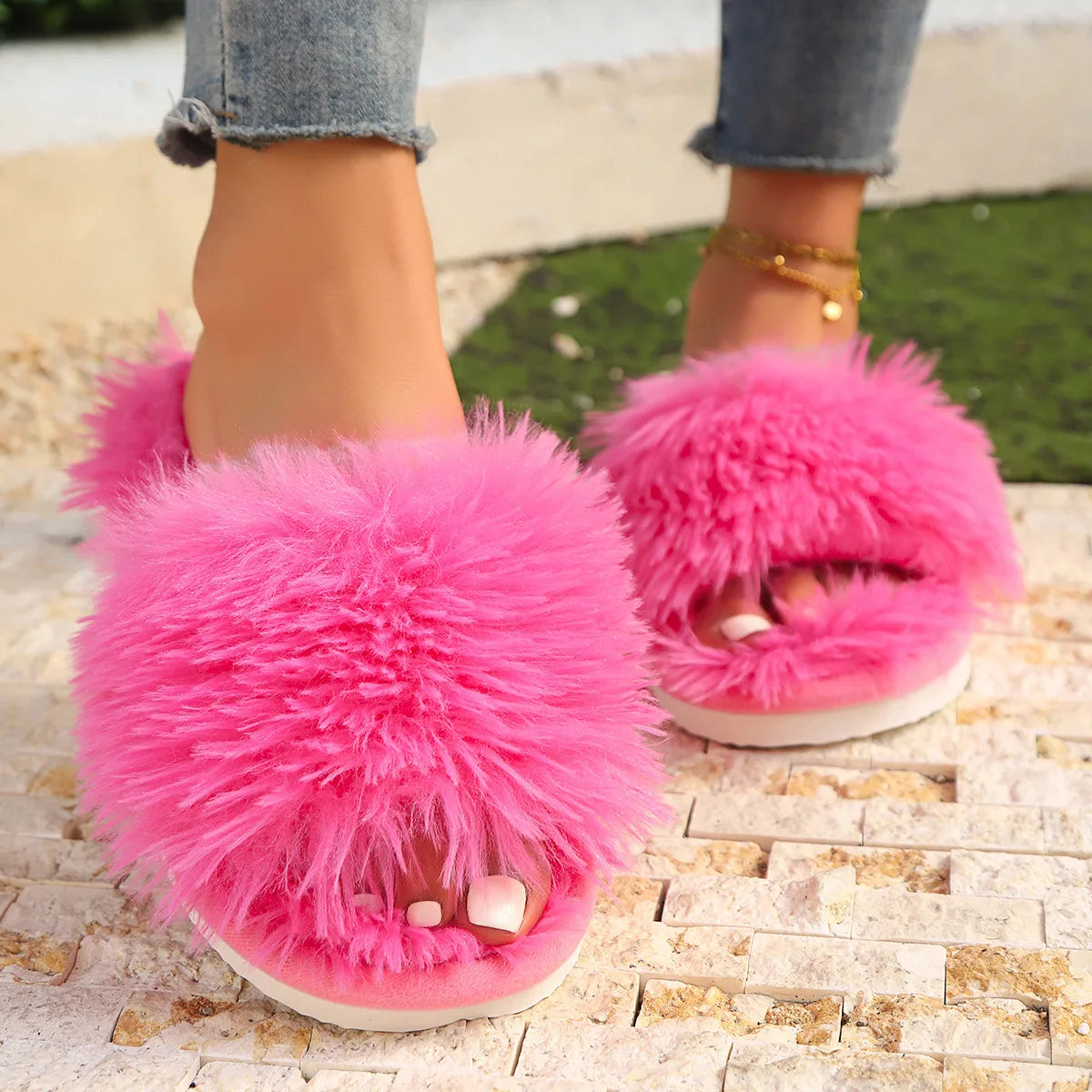 Women’s Cross Band Fur Slippers – Fluffy Open-Toe Plush Home Shoes with Soft Non-Slip Sole