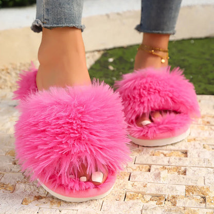 Women’s Cross Band Fur Slippers – Fluffy Open-Toe Plush Home Shoes with Soft Non-Slip Sole