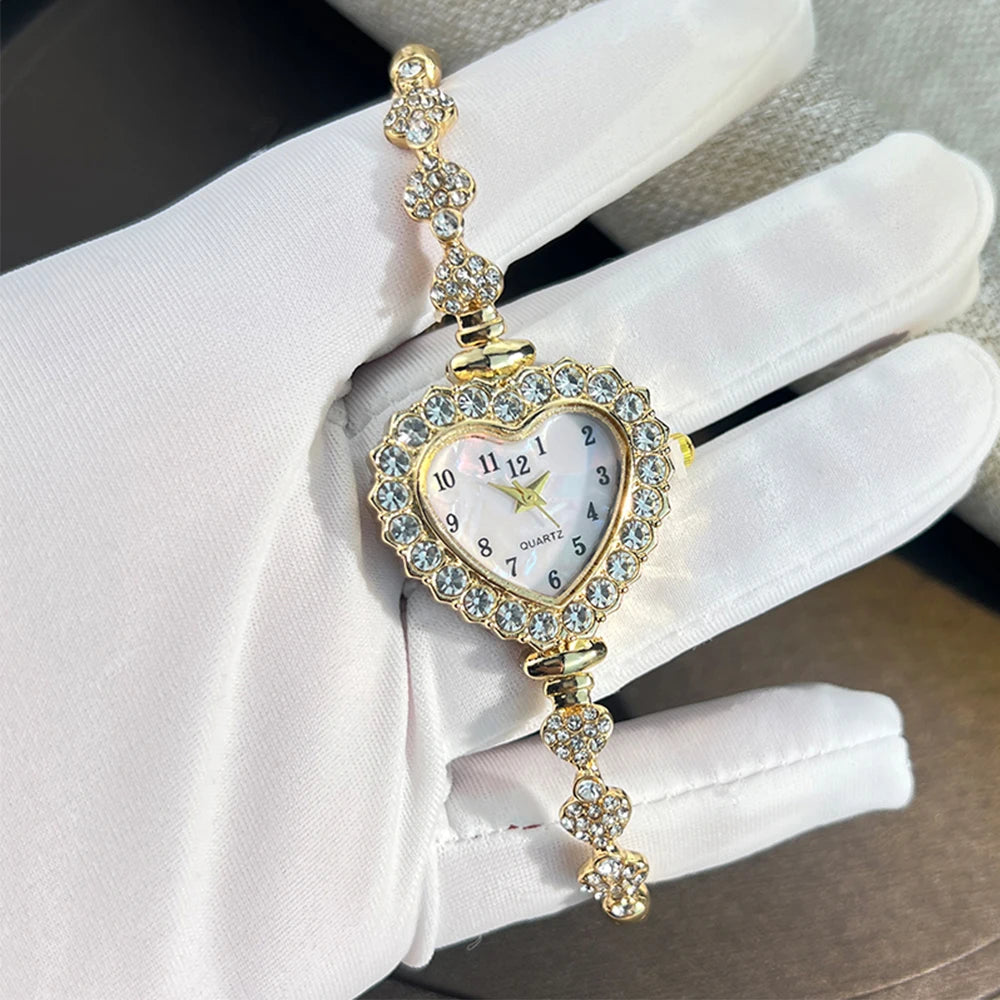 Women's Heart Ribbon Diamond Flower Watch - Fashion Adjustable Bracelet Wristwatch with Elegant Design