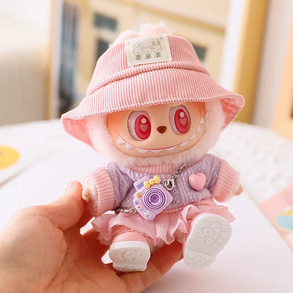 17cm Labubu Doll Clothes Set - Macaron Doll Outfit with JK Pleated Skirt, Camera & Shoes