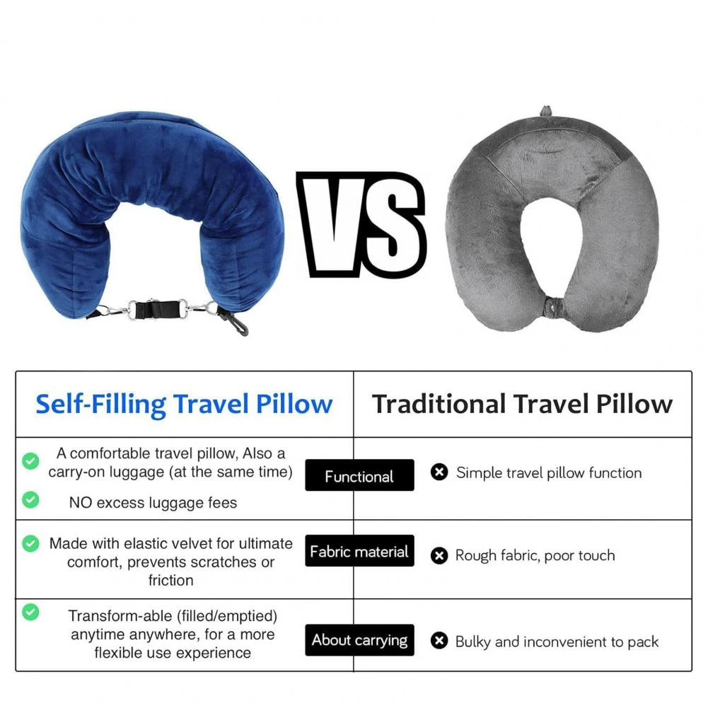 Portable Fillable Neck Pillow - Adjustable Flannel Space-Saving Neck Support for Car, Train & Airplane Travel