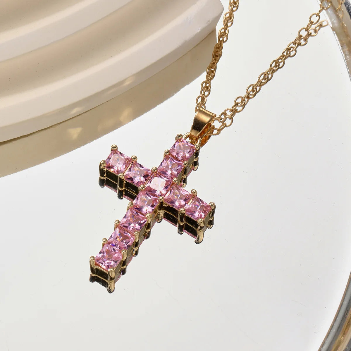 Fashion Gold Necklace for Women – Multi-Color Crystal Jesus Cross Pendant, Party & Leisure Jewelry