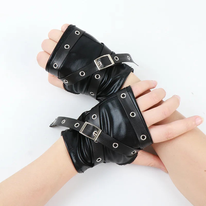 Women Gothic Fingerless Gloves – Black Half Finger Short Leather Gloves with Metal Buckle Wristband, Punk Style Arm Sleeves & Fashion Accessories