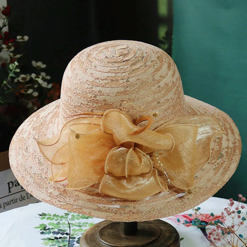 Women’s Elegant Mesh Sun Hat – Pearl Flower Foldable Beach Hat with Large Brim, Lace & Breathable Design for Spring and Summer