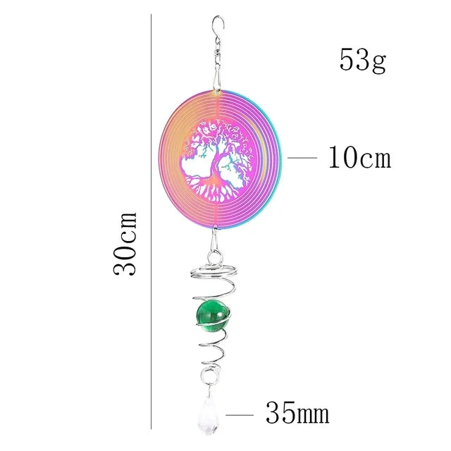 Tree of Life Wind Spinner with Gradient Spiral Tail – Hanging Garden Decor with Gazing Ball & Wind Chime Effect