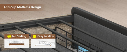 Full Size Upholstered Bed Frame with Storage Drawers, Bookcase Headboard, LED Lights & USB Charging Station