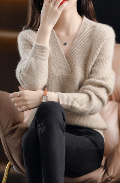 Women’s Knitted V-Neck Sweater – Long Sleeve Solid Pullover Knit Top
