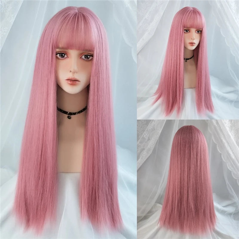 MSIWIGS Women's Synthetic Cosplay Lolita Wigs: Blue Pink Blonde Red Long Straight Hair with Cut Bangs for Party Lady Girl