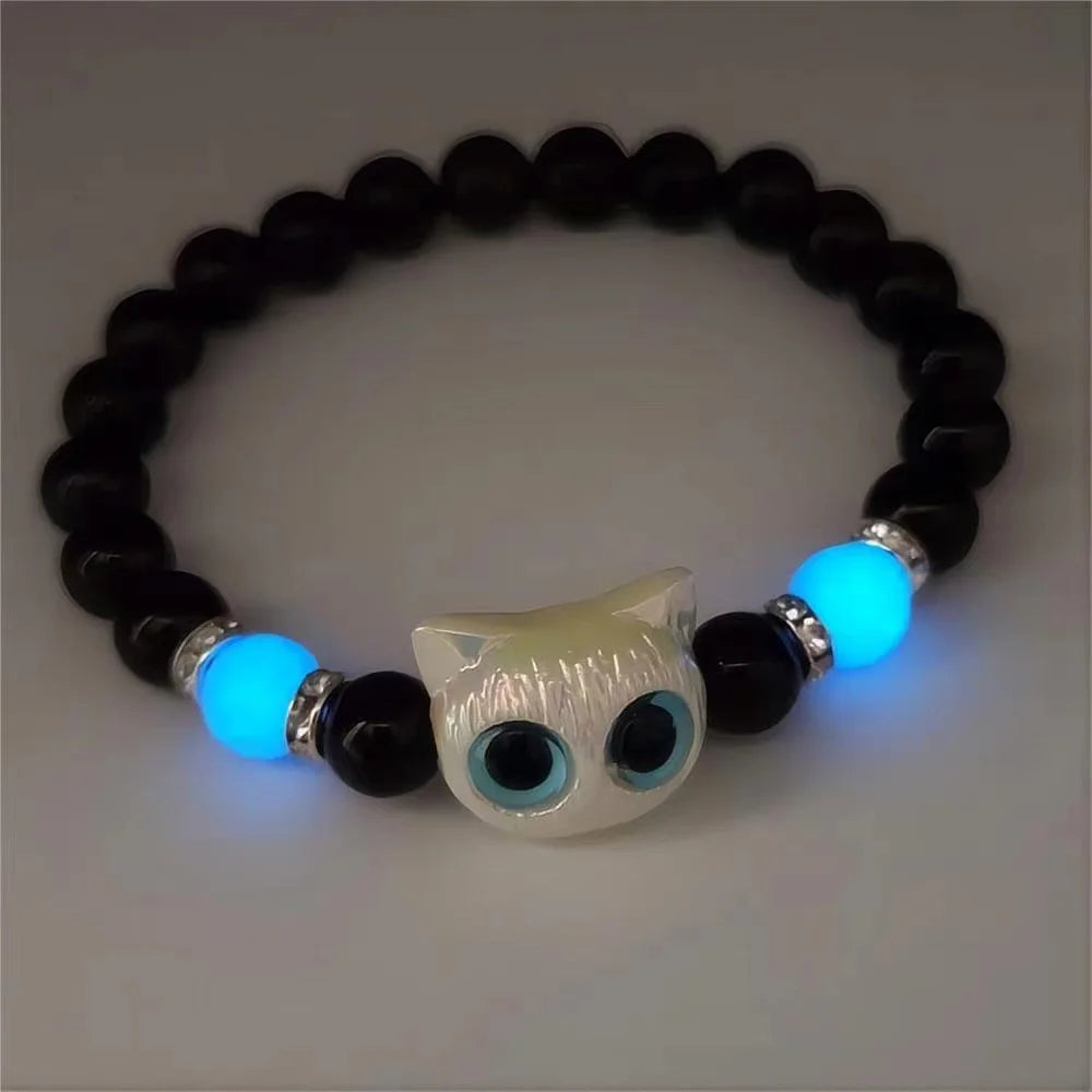 Luminous Cat Matching Bracelets for Couples | Glow-in-the-Dark Black & White Friendship Bangles | Cute Gift for Him & Her