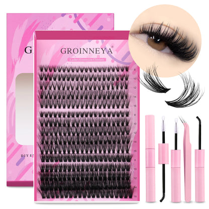 GROINNEYA DIY Lash Extension Kit – Individual & Cluster Lashes Full Set with Lash Bond and Seal for At-Home Use