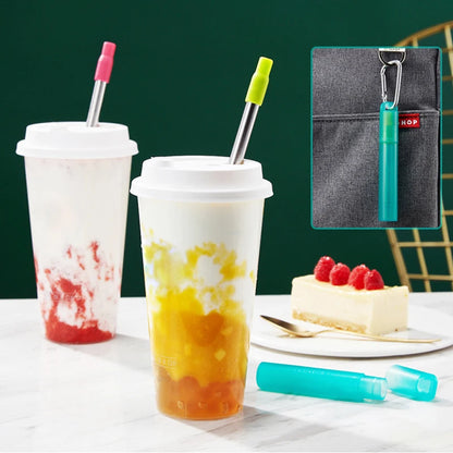Telescopic Stainless Steel Reusable Drinking Straws - Folding Straw Set with Case and Cleaning Brush - Camping and Travel Straw