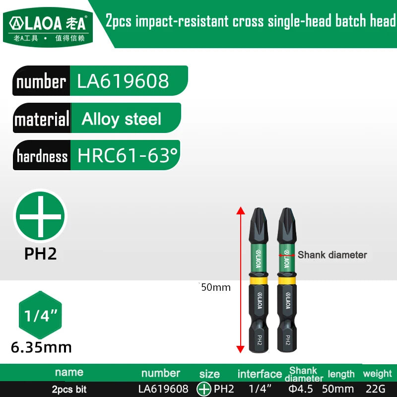 LAOA 2-Piece Alloy Steel Magnetic Impact Driver Bits - Impact-Resistant Cross & Hex Socket Bits
