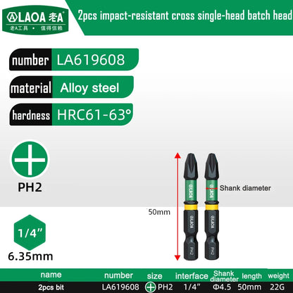 LAOA 2-Piece Alloy Steel Magnetic Impact Driver Bits - Impact-Resistant Cross & Hex Socket Bits