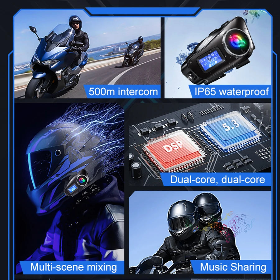Q58 Max Motorcycle Helmet Intercom Headset – Waterproof 300M Bluetooth Wireless Intercom for 2 Riders with Music Sharing & Flashlight
